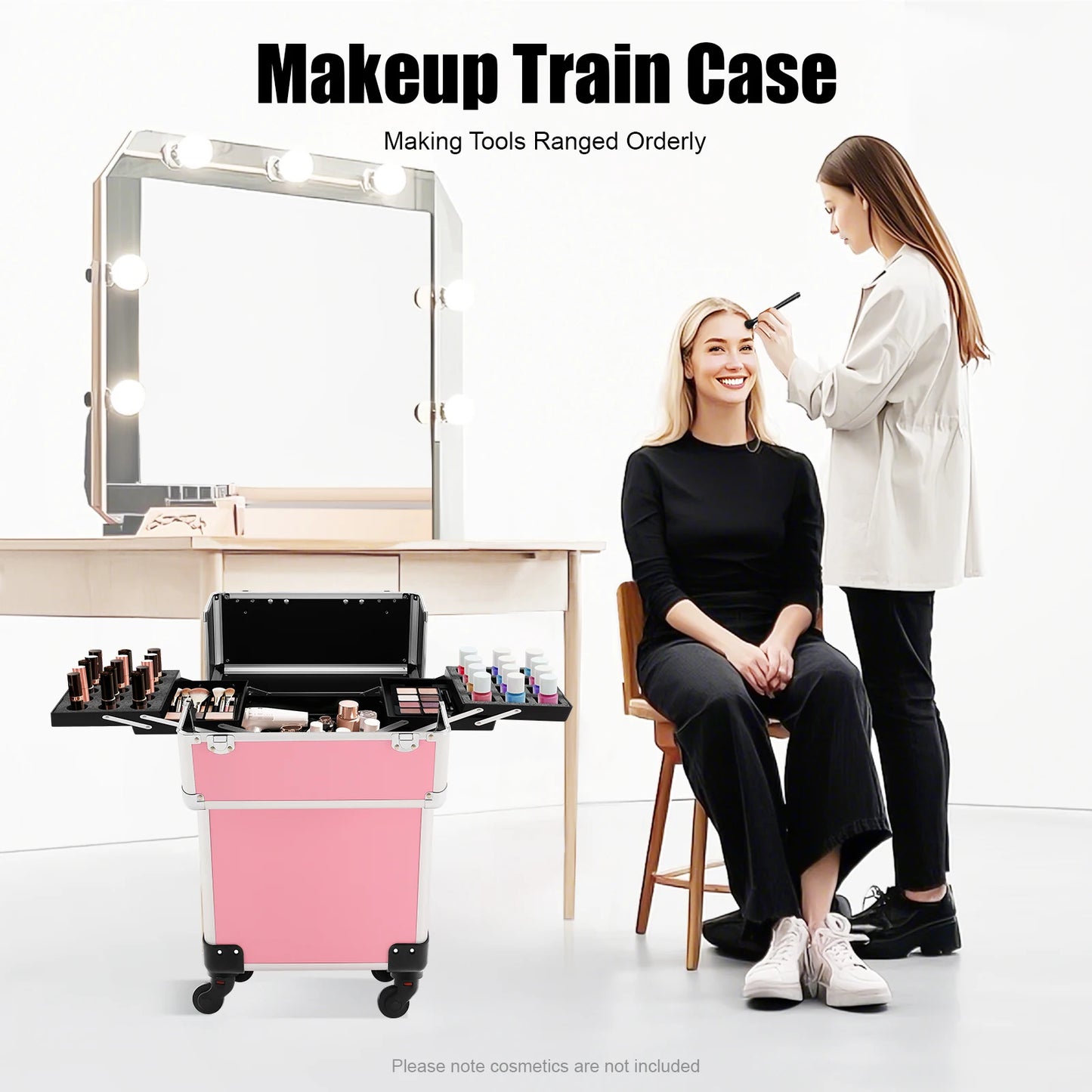 Rolling Makeup Train Case,Cosmetic Trolley with Keys,Hairdressing Travel Case,Large Capacity Trolley Makeup Box,Pink/Black