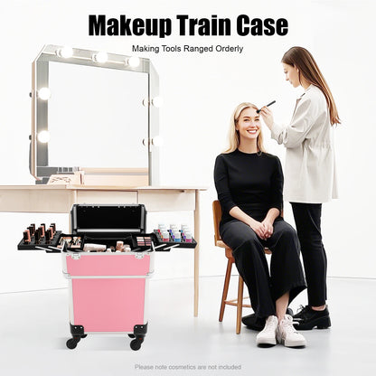 Rolling Makeup Train Case,Cosmetic Trolley with Keys,Hairdressing Travel Case,Large Capacity Trolley Makeup Box,Pink/Black