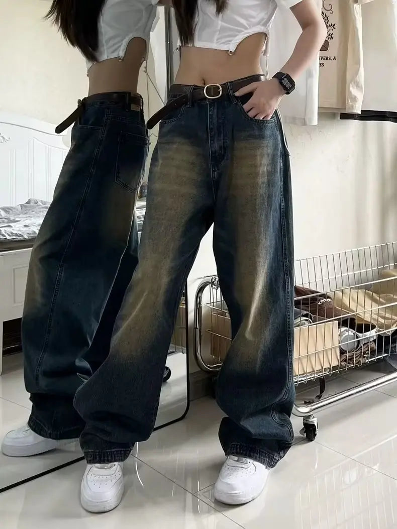 Women Jeans Distressed Full Length Wide Leg Denim Pants Spliced Zipper Fly Vintage Jean Pockets High Street Loose Fit Washed