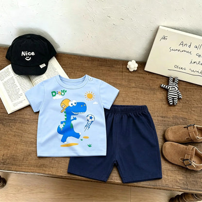 Fashion Summer Clothes Short-sleeved Tracksuits Cartoon Tshirt+Shorts Cartoon Tees Outfits Boys And Girls Cute Tees+Shorts Suit
