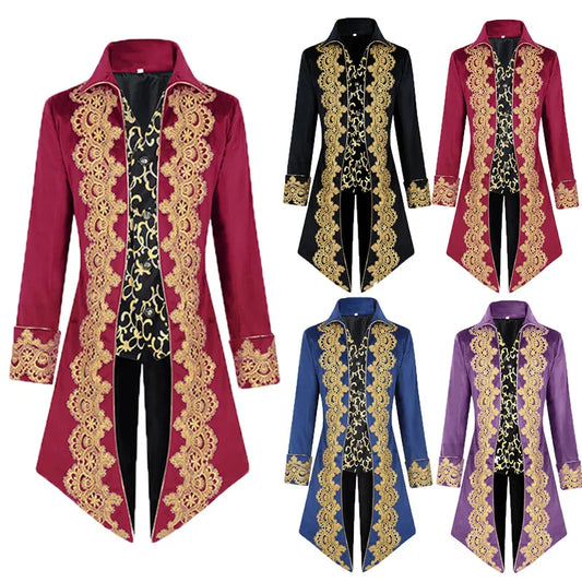 2025 New Blue Lace Tuxedo for Men, Euro- American Medieval Vintage Men's Tailcoat Jacket,medium Length Punk Performance Costume