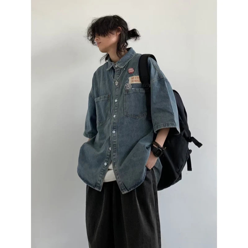 Harajuku Tooling Mens Sets 2024 Summer American Street Retro Denim Suit Hip Hop Printed Cowboy Shirt+Wide Leg Jeans 2-pcs New