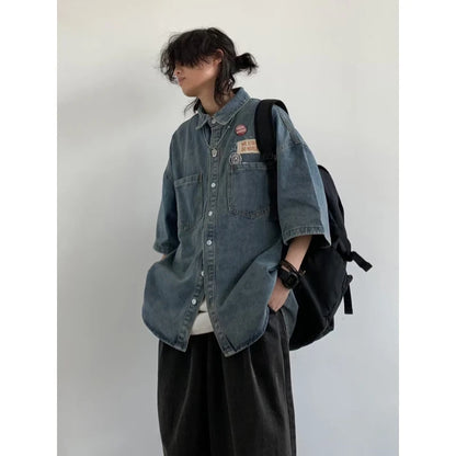 Harajuku Tooling Mens Sets 2024 Summer American Street Retro Denim Suit Hip Hop Printed Cowboy Shirt+Wide Leg Jeans 2-pcs New