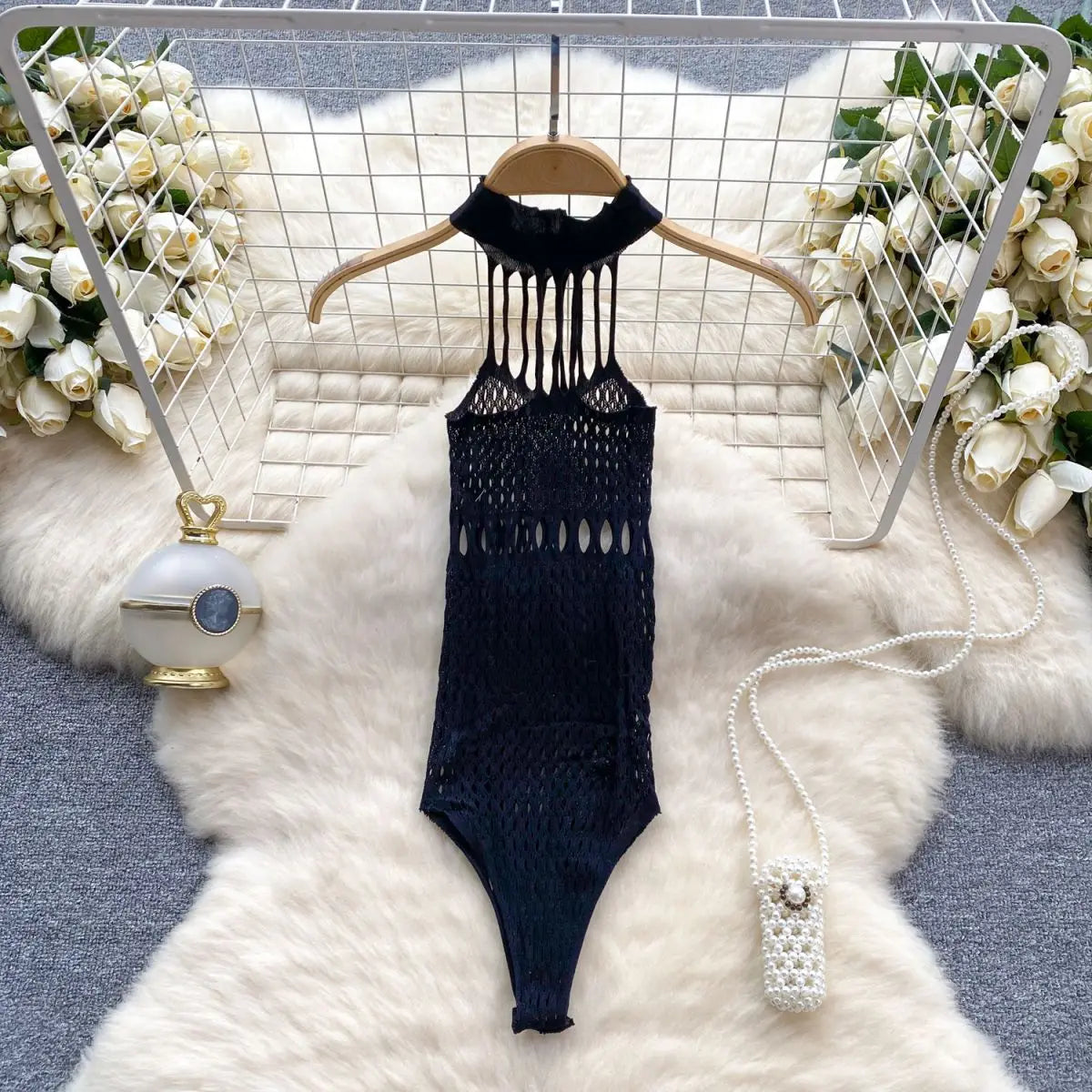 High Elastic Hollow Out Bodycone Women's Pajamas Sexy Erotic Lingerie Halter One-Piece Slim Jumpsuit Bodysuit Black Nightwear
