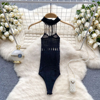 High Elastic Hollow Out Bodycone Women's Pajamas Sexy Erotic Lingerie Halter One-Piece Slim Jumpsuit Bodysuit Black Nightwear