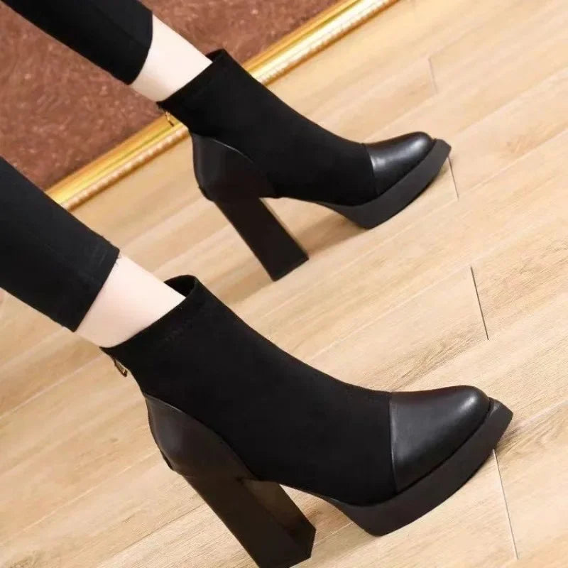 European and American Pointed Short Boots 2023 Winter New Short Tube High Heels Splicing Style Fashion Boots Zapatos De Mujer