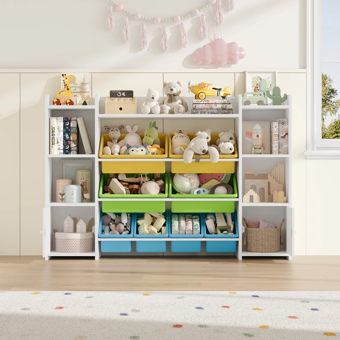 Getone Toy Storage Unit Children's Bookcase Toy Organiser Kids Storage with 8 Removable Boxes and Storage Shelves for Living Room Playroom Bedroom 138.8 x 29.6 x 94.3 cm