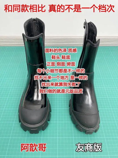 Women Motorcycle Boots Wedges Flat Shoes Woman Spring High Heel Platform Leather Combat Boots Lace Up Shoes Black Girls Platform
