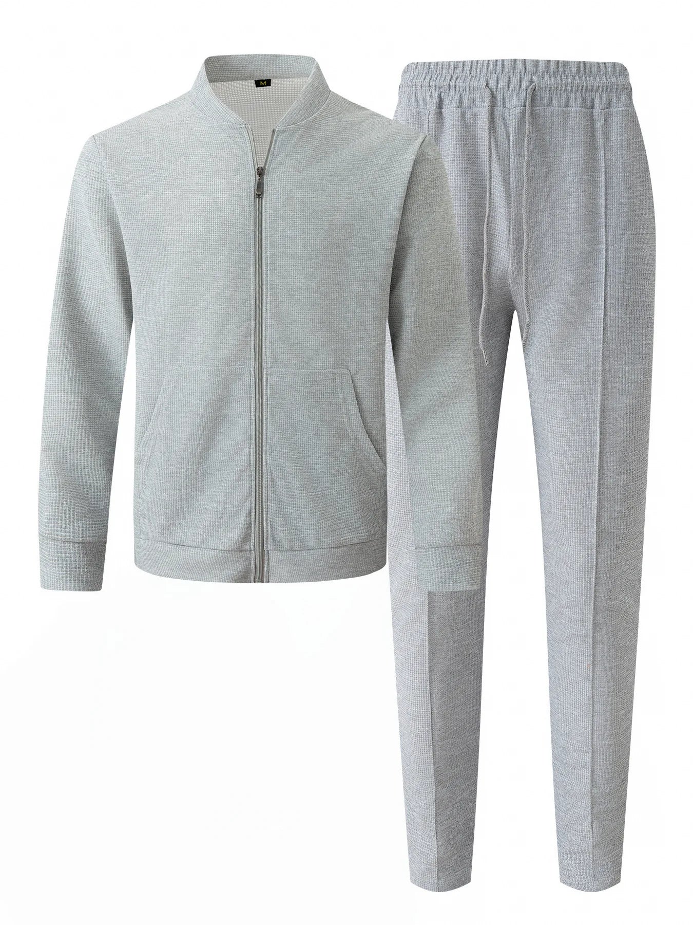 Men's Spring Casual Blazer Set Waffle Baseball Suit round Neck Zipper Long Sleeve Two-Piece Fashion Outfit with Pocket