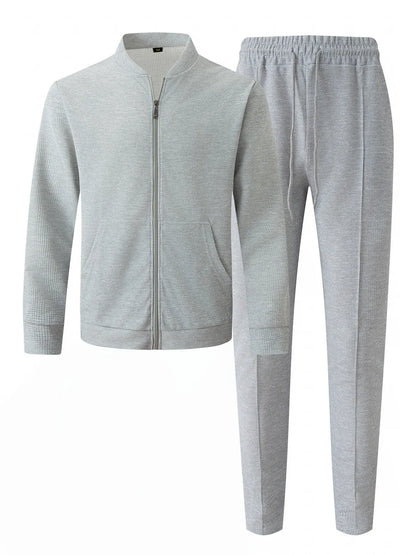 Men's Spring Casual Blazer Set Waffle Baseball Suit round Neck Zipper Long Sleeve Two-Piece Fashion Outfit with Pocket