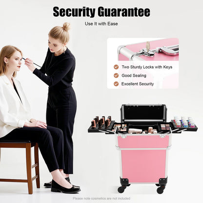 Rolling Makeup Train Case,Cosmetic Trolley with Keys,Hairdressing Travel Case,Large Capacity Trolley Makeup Box,Pink/Black