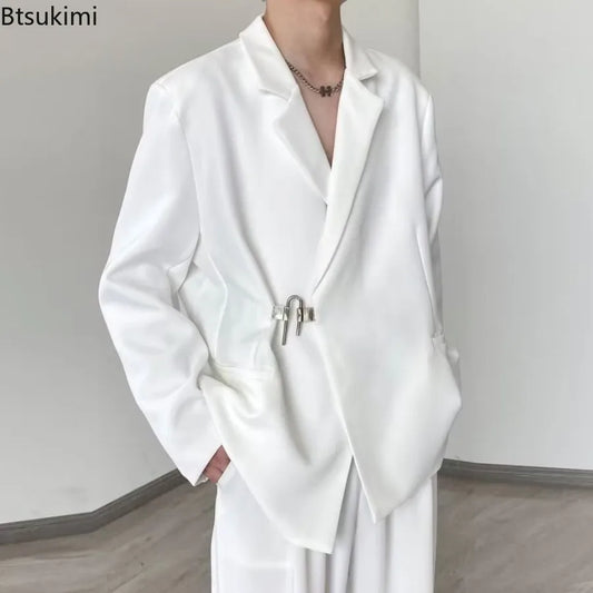 2026 Men's Korean Style Spring Casual Suit Jacekt Metal Buckle Male Loose  Male Solid Color Blazers Harajuku Long Sleeve Coats