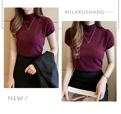 2024 Blusas Mujer De Moda Spring Summer New Solid Slim Turtleneck Blouse Women Clothing Korean Knitted Women Casual