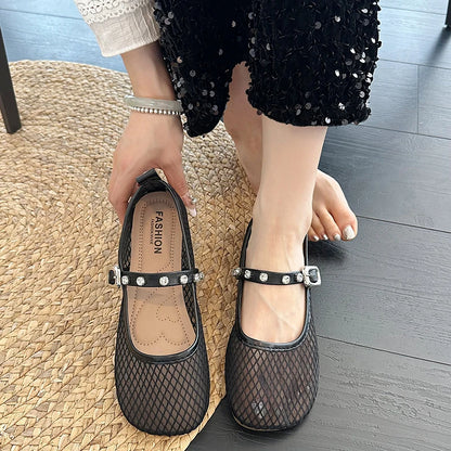Mesh Breathable Flat Mary Jane Shoes Women Fashion Square Toe Soft Bottom Sandals Comfort Buckle Designer Ballet Shoe for Ladies