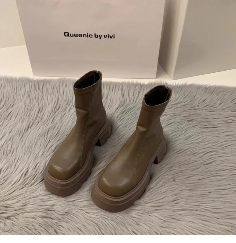 2024New Women's Boots Fashion Leather Casual Boots Luxury Brand Chelsea Ankle Boots for Women Outdoor Platform Boot Botas Mujer