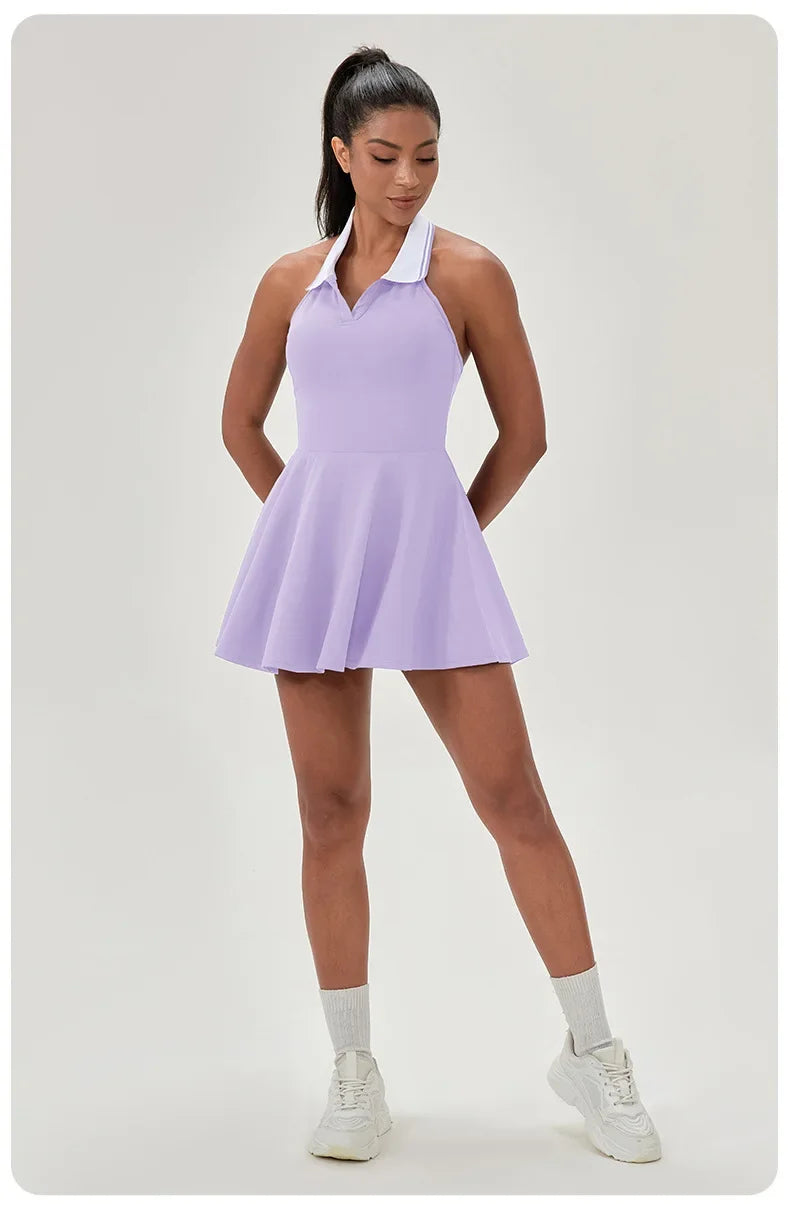 Summer Dress Vest Deep V Hanging Neck Sexy Dress for Women Contrasting Color Lapel Golf Skirt Outdoor Sports Gym Running