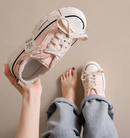 2025 Autumn New Women's Canvas Shoes Round Head Thick Soles Fringed Denim Casual Shoes Increased Height Sports