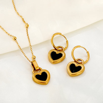 ASONSTEEL Black Shell Heart Necklace Earrings Jewelry Sets Stainless Steel Fashion Exquisite Waterproof Women Anniversary Gift