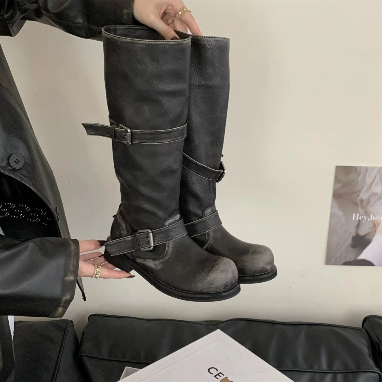 Women's Long Boots Fashion Dress Flats Shoes for Woman Designer Winter Motorcycle Boots 2025 Goth Chelsea Botas De Mujer Shoes