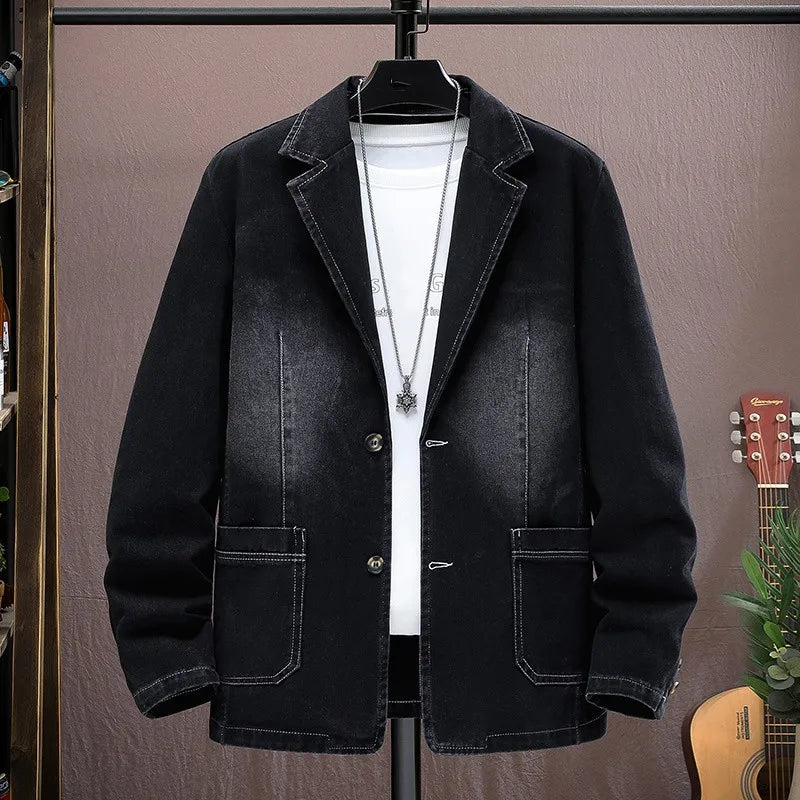 Autumn Winter Cotton Denim Suit Coats Men Loose Turn Down Collar Casual Denim Blazers Jacket Solid High Quality Suit Outwear Man