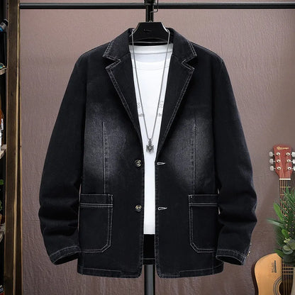 Autumn Winter Cotton Denim Suit Coats Men Loose Turn Down Collar Casual Denim Blazers Jacket Solid High Quality Suit Outwear Man