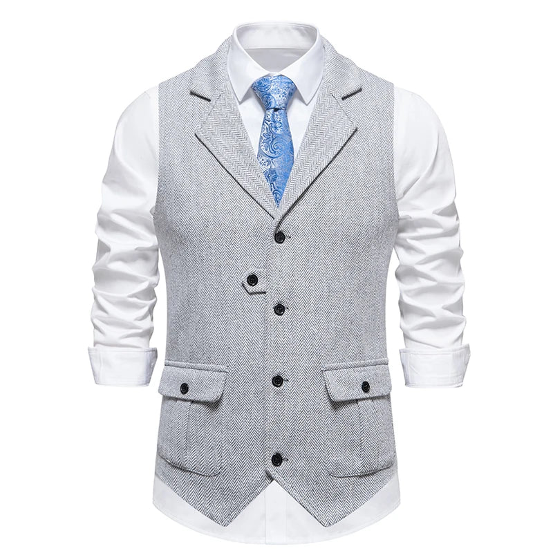 New Men's Retro Lapel Vest Herringbone Coarse Tweed Pockets Suit Vest British Casual Vintage Gentleman Leisure Party Bar Banquet