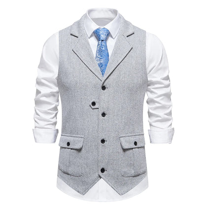 New Men's Retro Lapel Vest Herringbone Coarse Tweed Pockets Suit Vest British Casual Vintage Gentleman Leisure Party Bar Banquet