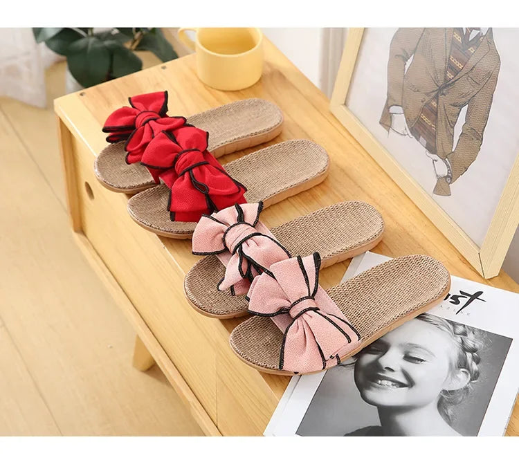 Women Summer Casual Slides Comfortable Flax Slippers Striped Bow Linen Flip Flops Platform Sandals Ladies Indoor Shoes  slippers