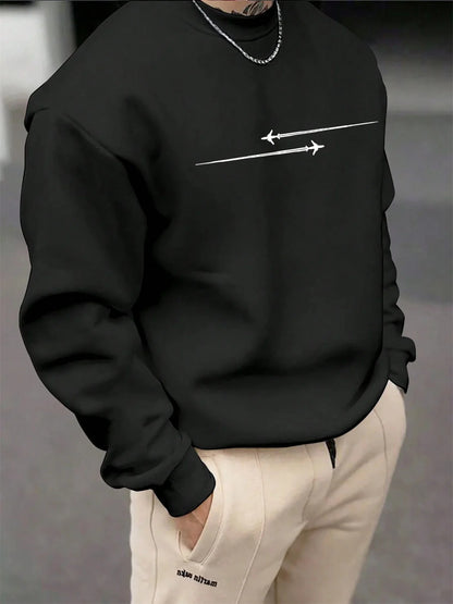 Men's autumn and winter casual loose fashion classic simple airplane pattern printed long sleeved round neck sweatshirt