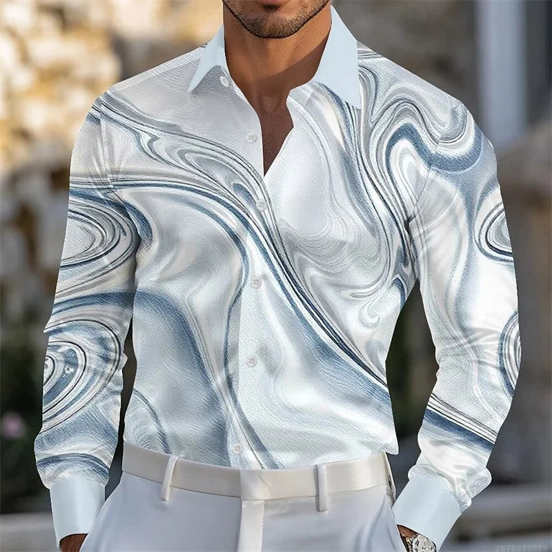 Men's shirt abstract liquid art 3D print shirt, spring and autumn lapel long-sleeved shirt, fashionable casual men's top