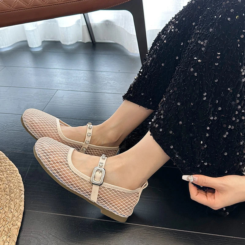 Mesh Breathable Flat Mary Jane Shoes Women Fashion Square Toe Soft Bottom Sandals Comfort Buckle Designer Ballet Shoe for Ladies