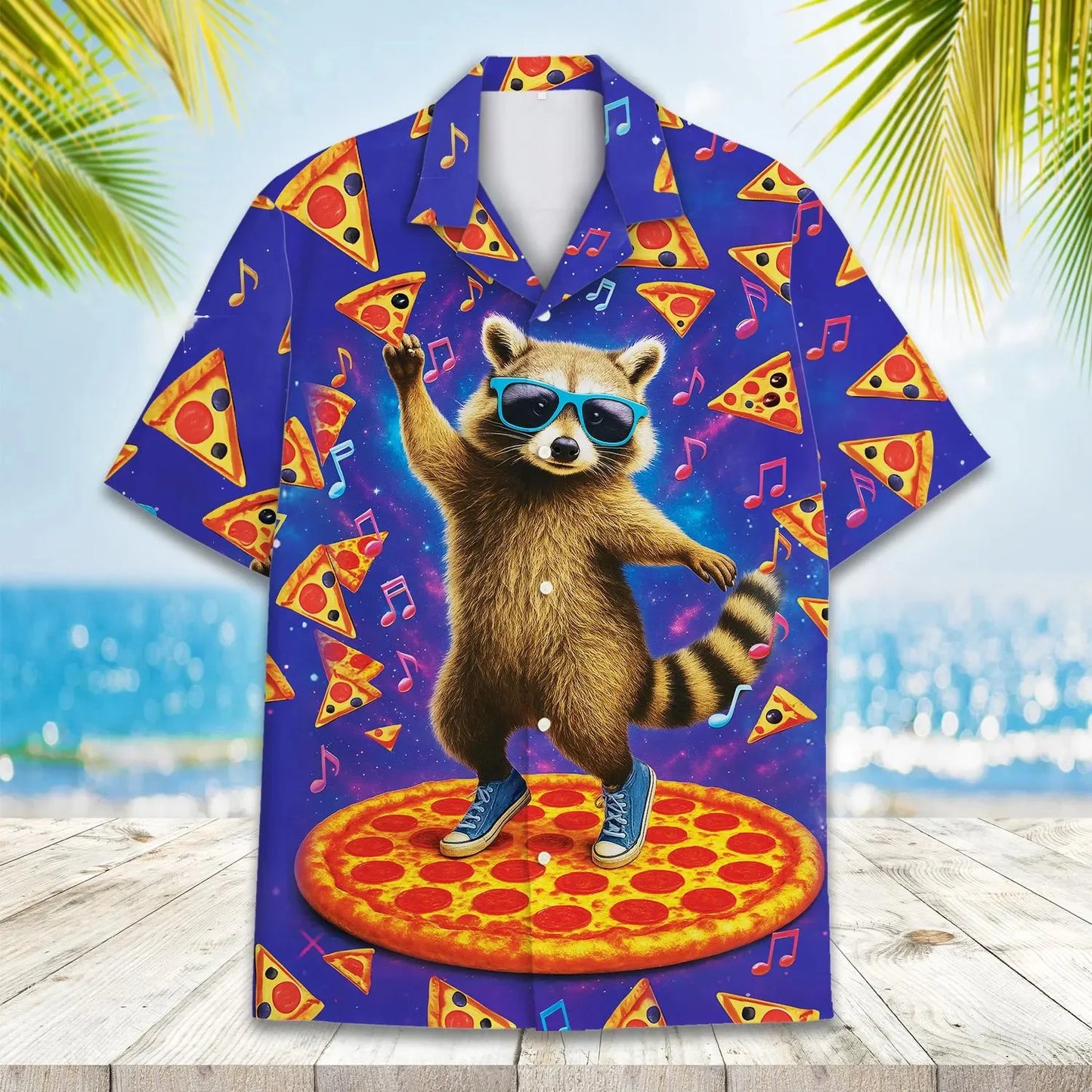 Funny Animal Pizza Hawaiian Shirts Men Women Youth  Music Raccoon Shirt Button Down Space Party Shirt 2025 Vacation Aloha Shirt