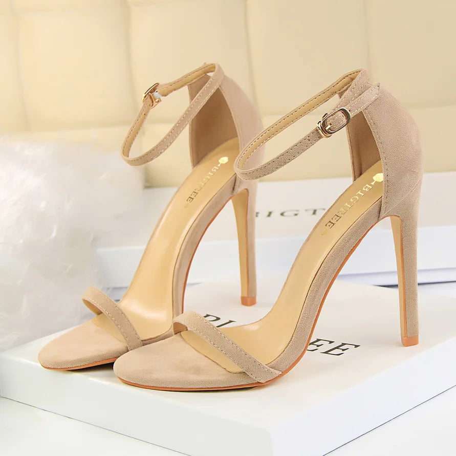 Women 10cm High Heels Flock Stripper Sandals Female Fetish Strappy Red Shoes Lady Valentine Green Summer Classic Sexy Pumps