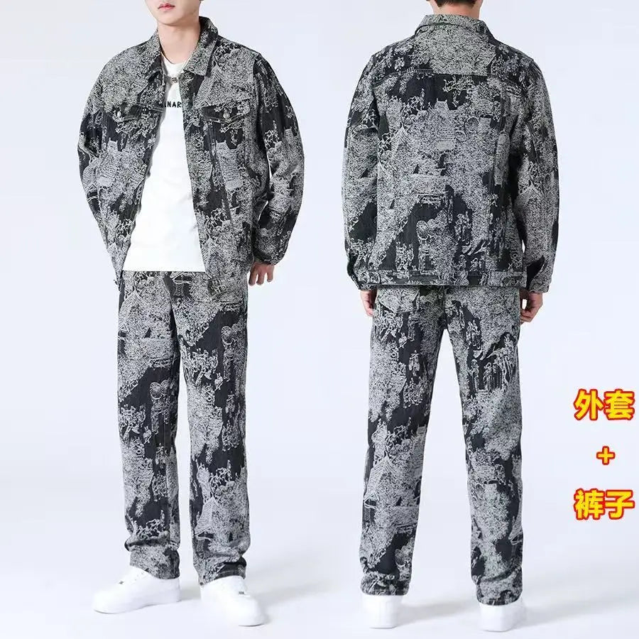 High Street Denim Sets Men's Jacquard Ragged Loose Casual Retro Washed Denim Shirt Style Jacket Jeans Pants