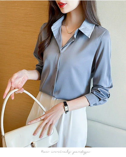 Fashion elegant satin shirts solid color ladies shirts causal Women's Blouses Spring Long Sleeve Shirts Tops Blusas Mujer