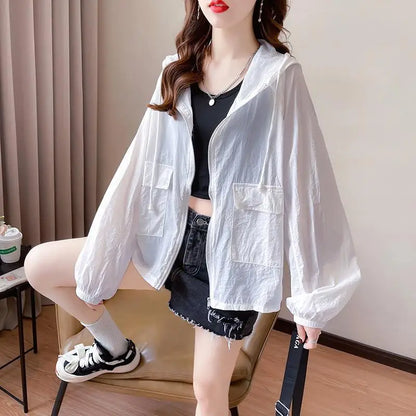 （Summer4）Women Sun Protection Clothing UV Protection Summer Loose Fit Hooded Zippered Thin And Casual