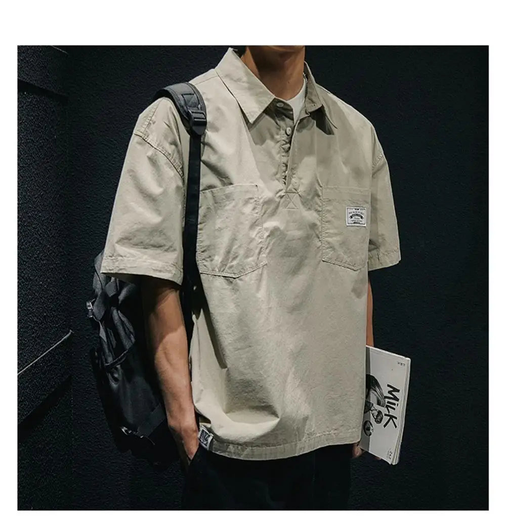 American Retro Men's  irt Summer Loose Workwear ort Sve T-irt Simple Sle Youth Trend ket Design Flat Iron