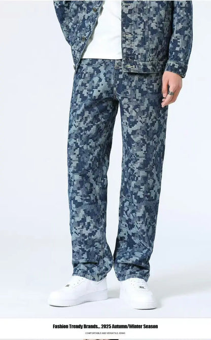 High Street Denim Sets Men's Jacquard Ragged Loose Casual Retro Washed Denim Shirt Style Jacket Jeans Pants