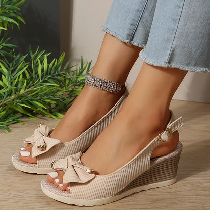 Fashion Bow Knot Thick Bottom Sandals Women Back Strap Wedge Open Toe Sandal Female New Office Ladies Anti-Slip Sandalias Mujer