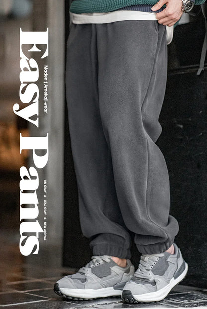 Maden Men's Casual Solid Color Polar Fleece Cuffed Sweatpants Elastic Waist Fleece-lined Pants Warm Sports Straight-leg Trousers