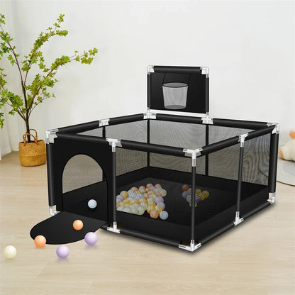 ANGDUO Baby Playpen 50 inch Baby Playard with Basketball Hoop and Breathable Mesh Baby Fence Game Center for Boy and Girls Black