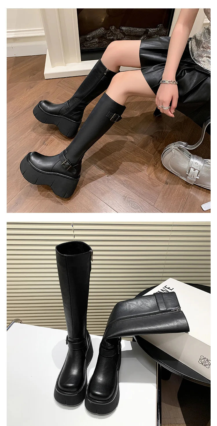 2024 Women's Shoes Basic Women's Boots Classics Knee-High Boots Women Belt Buckle Side Zip Round Toe Wedge Platform Shoes Ladies