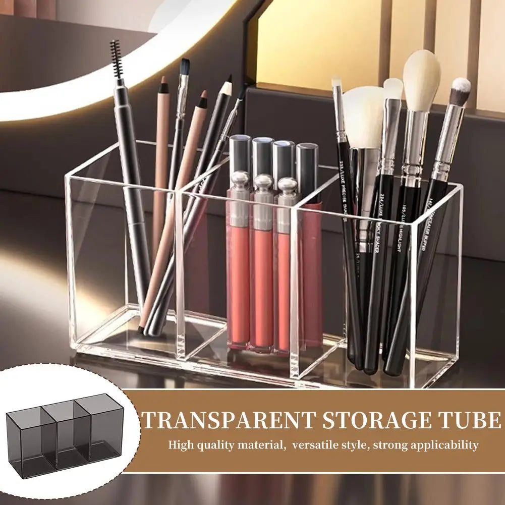 Transparent Acrylic Storage Box 3 Grid Makeup Box Desktop Organizer Makeup Brush Lipstick Rack Stationery Pen Storage Case