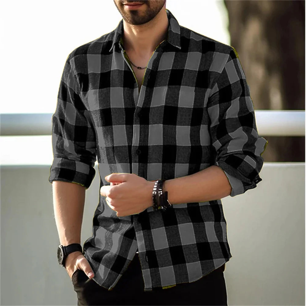 Men's long-sleeved shirt printed shirt plaid casual comfortable handsome commuter large size men's clothing XS-6XL