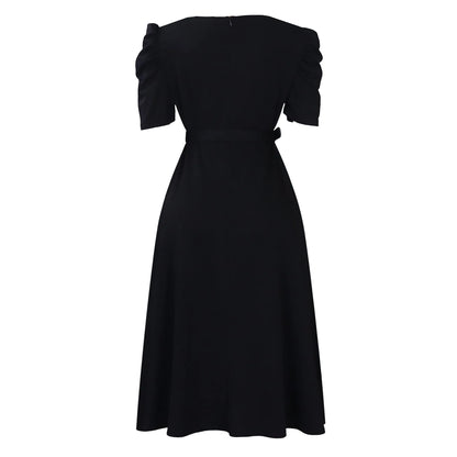Elegant Party Dresses for Women V Neck Short Sleeve Belt Waisted Pleated Mid Calf Luxury Birthday Dinner Vestidos Mujer Dress OL