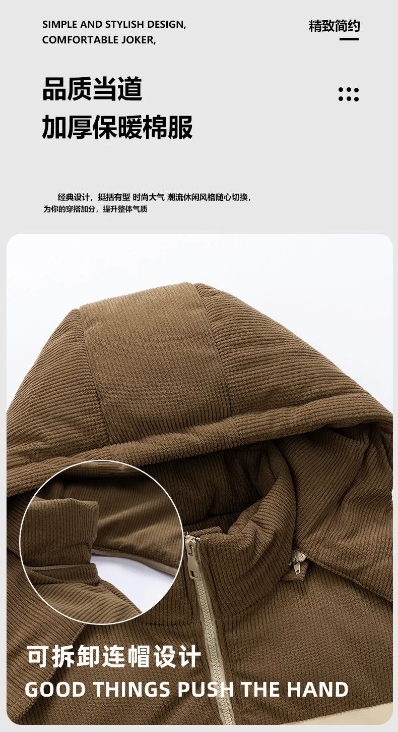 Men's New Winter Cotton Jacket: Fleece-Lined, Thickened for Warmth, with Removable Hood and Stand-Up Collar for Cold Resistance
