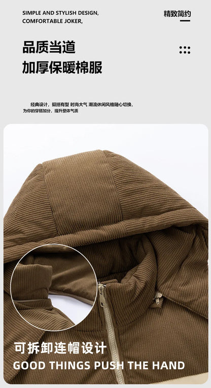 Men's New Winter Cotton Jacket: Fleece-Lined, Thickened for Warmth, with Removable Hood and Stand-Up Collar for Cold Resistance