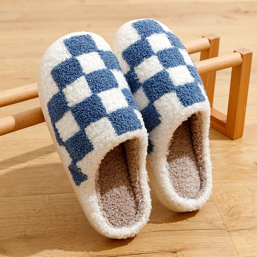 Slippers Classic Checkerboard Embroidered Pattern Women's Winter Indoor Soft Sole Warm Comfy Leisure Bedroom Fuzzy Home Shoes