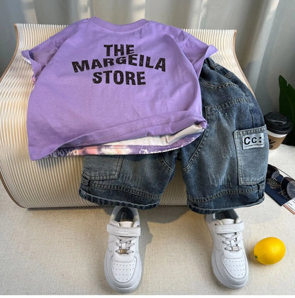 Hot Sale Fashion Baby Boy Suit Summer Clothes Short Sleeve T-shirt Short Jeans 2 Piece Set Kids Outfit 2-11Y Children's Costume