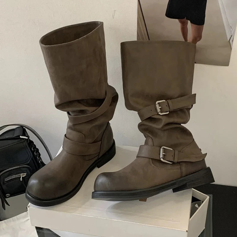 Women's Long Boots Fashion Dress Flats Shoes for Woman Designer Winter Motorcycle Boots 2025 Goth Chelsea Botas De Mujer Shoes